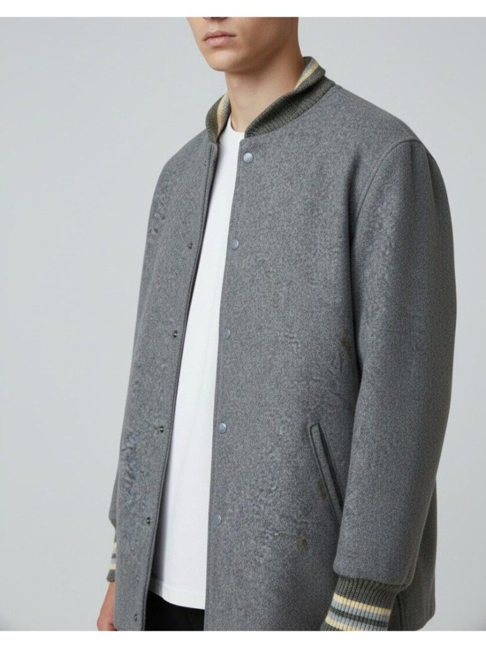 Windward Outdoor Clothing Gray Wool Varsity Jacket With Striped Knit Trim & Butt